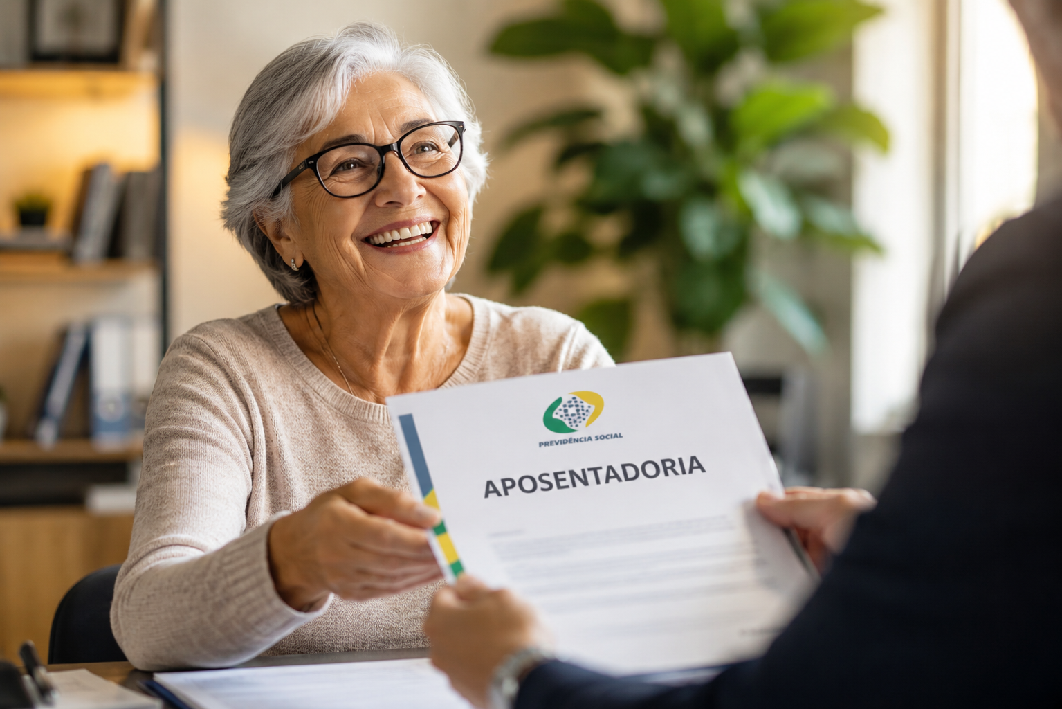 Senhora sorrindo, representando aposentadorias